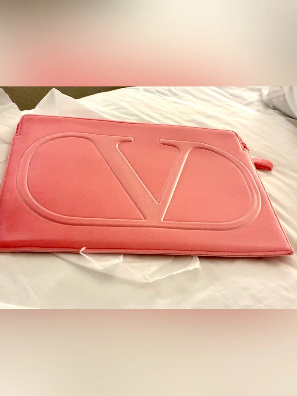 Ideal Gift!VALENTINO Pink Embossed V Logo Soft Velvet Laptop sleeve ;Coral pink